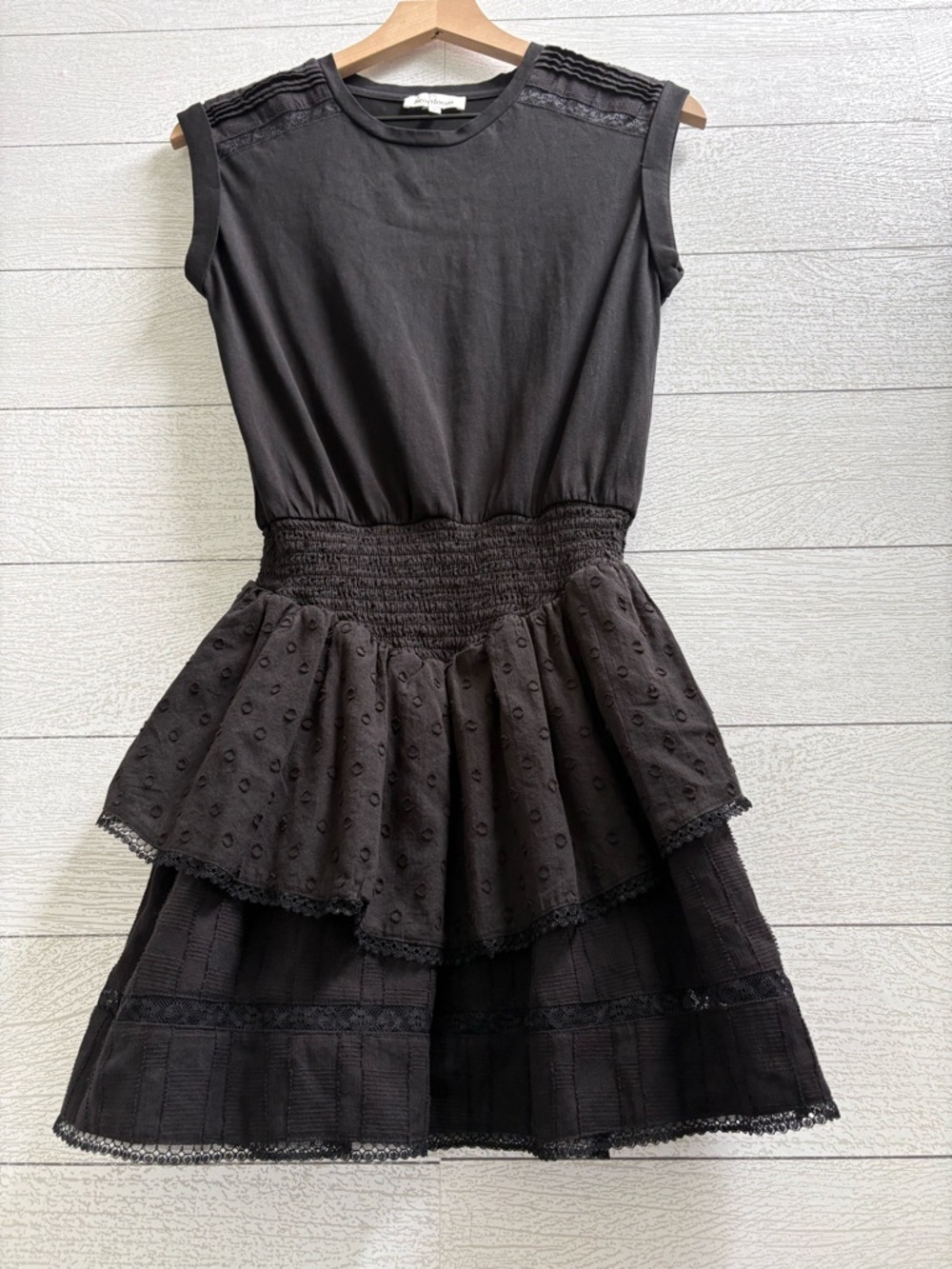 Heartloom Talia Mini Dress Black Smocked Waist Tiered Ruffle Lace Dress S - Picture 7 of 10